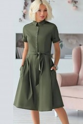 Women's Army Green Button-Up Tied Waist Short Sleeve Casual Shirt Dress