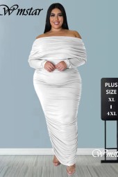 Plus Size Off Shoulder Long Sleeve Elegant Draped Maxi Dress 