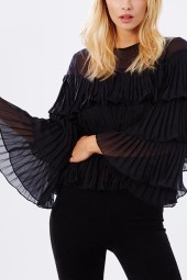 Elegant Black Ruffle Layered Pleated Blouse