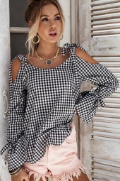 Chic Black & White Plaid Cold Shoulder Flare Sleeve Blouse