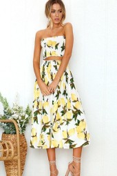 Fresh & Flirty White Lemon Shirred Bandeau Pleated Two Piece Dress