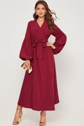 Elegant Dark Red Puff Sleeve Maxi Dress with Belt Detail