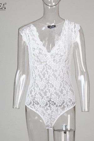 Floral Lace See-Through V-Neck Sleeveless Plus Size Bodysuit