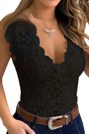 Floral Lace See-Through V-Neck Sleeveless Plus Size Bodysuit