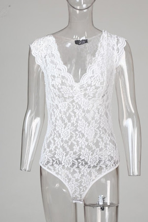 Floral Lace See-Through V-Neck Sleeveless Plus Size Bodysuit