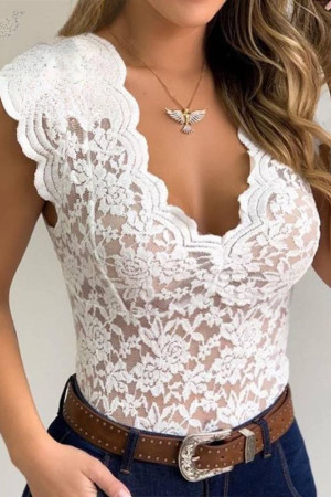 Floral Lace See-Through V-Neck Sleeveless Plus Size Bodysuit