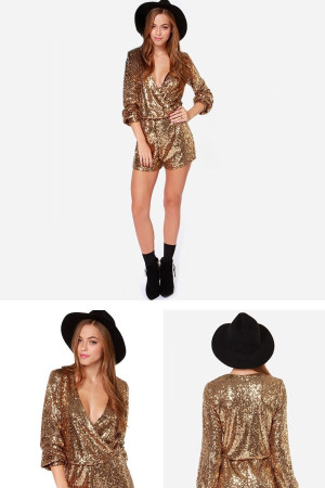 Sequin Plunging V-Neck Long Sleeve Romper