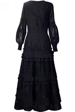 Floral Embroidery V-Neck Cascading Ruffle Maxi Dress