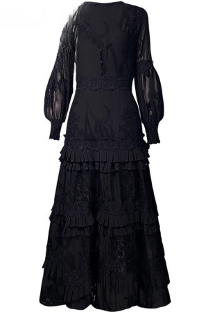 Floral Embroidery V-Neck Cascading Ruffle Maxi Dress