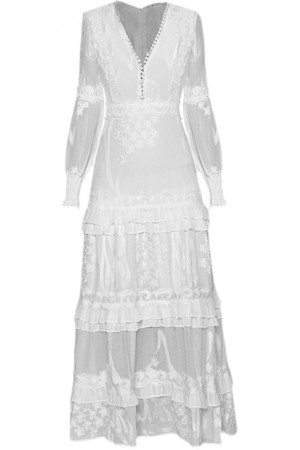 Floral Embroidery V-Neck Cascading Ruffle Maxi Dress
