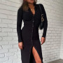 Knit Button Neck Long Sleeve Bodycon Midi Dress