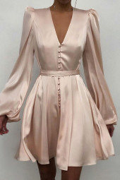 Silk Satin Deep Neck Lantern Sleeve A-Line Midi Dress