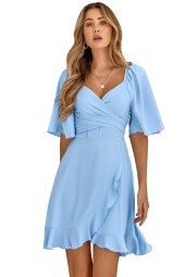 In Summer Elegance: Flared Sleeve V-Neck Ruffle Mini Tie Waist Line Dress