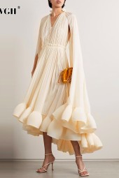 Ruffles Neck Cloak Sleeves Lace Up Loose Folds Summer Dress