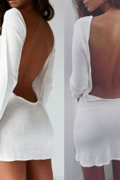 Backless White Evening Dress: Elegant, Long Sleeve, Solid Loose Mini