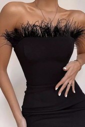 Feathered Black Strapless Bodycon Midi Dress for Stylish Summer Nights