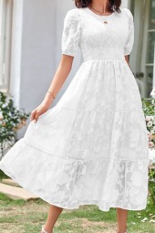 Vintage Blooms: White Floral Summer Puff Sleeve Dress