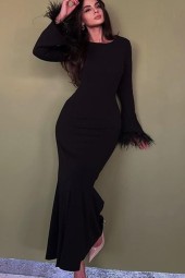 Black Feather Sleeve Wrap Long Evening Dress