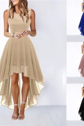 Evening Lace Patchwork Large Chiffon Swing Front Round Neck Dinner Dress Solid With Back Tied