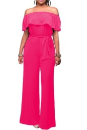 Women's Fuchsia Ruffles: Off Shoulder Casual Jumpsuit