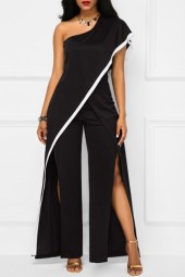 Elegant Double Slit One Shoulder Black Jumpsuit