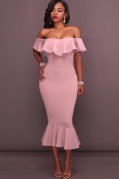 Pretty in Pink: Off-Shoulder Ruffled Mermaid Midi Party Dress