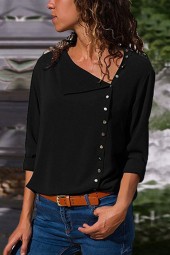 Elegant Black Asymmetrical Neck Button Long Sleeve Blouse