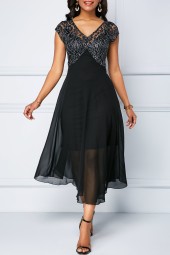 Elegant Cap Sleeve Lace Patchwork Chiffon Dress