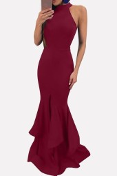 Darkred Sleeveless Mock Neck Mermaid Dress with Ruffles Hem and Slit