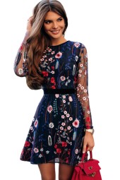 Floral Embroidered Sheer Mesh Summer Boho A-Line Mini Dress