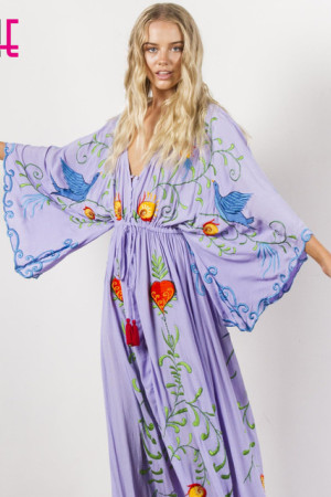 Embroidered V-Neck Batwing Sleeve Boho Plus Size Maxi Dress