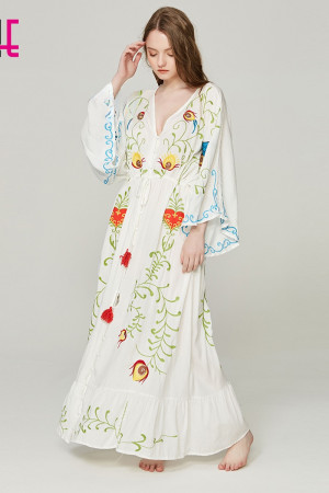 Embroidered V-Neck Batwing Sleeve Boho Plus Size Maxi Dress