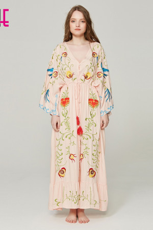Embroidered V-Neck Batwing Sleeve Boho Plus Size Maxi Dress