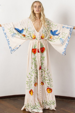 Embroidered V-Neck Batwing Sleeve Boho Plus Size Maxi Dress