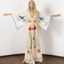 Embroidered V-Neck Batwing Sleeve Boho Plus Size Maxi Dress