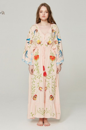 Embroidered V-Neck Batwing Sleeve Boho Plus Size Maxi Dress