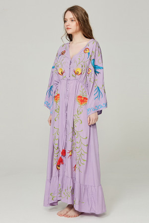 Embroidered V-Neck Batwing Sleeve Boho Plus Size Maxi Dress