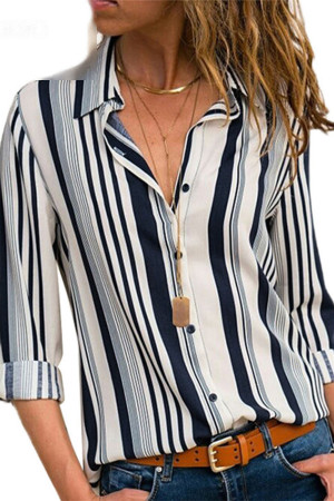 Striped Chiffon Turn Down Collar Button Loose Plus Size Shirt