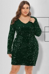 Sparkle in Style: Dark Green Sequined V-Neck Long Sleeve Plus Size Dress