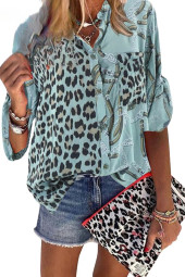Leopard Print Turn-Down Collar Long Sleeve Plus Size Blouse