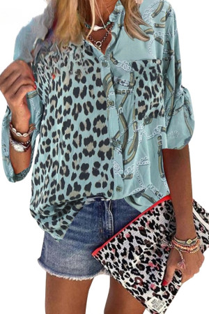 Leopard Print Turn-Down Collar Long Sleeve Plus Size Blouse