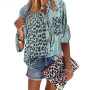 Leopard Print Turn-Down Collar Long Sleeve Plus Size Blouse