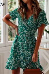 Summer Breeze Boho Floral Ruffle Mini Dress - Perfect for Beach Days 