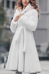 Luxurious White Faux Fur Hooded Winter Coat - Slim Fit, Thicken Laceup Design