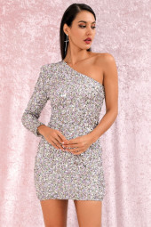 One Shoulder Sequin Long Sleeve Bodycon Mini Dress