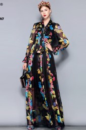 Vintage Floral Chiffon Maxi Dress - Plus Size, Bow Collar, Long Sleeve, Perfect for Parties & Holidays