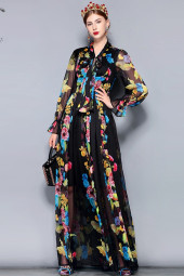 Vintage Floral Chiffon Bow Collar Plus Size Maxi Dress