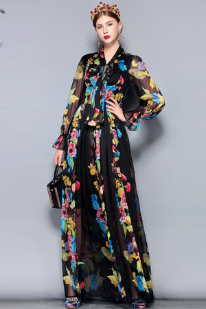 Vintage Floral Chiffon Bow Collar Plus Size Maxi Dress