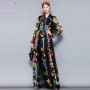 Vintage Floral Chiffon Bow Collar Plus Size Maxi Dress