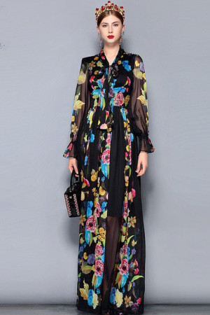 Vintage Floral Chiffon Bow Collar Plus Size Maxi Dress